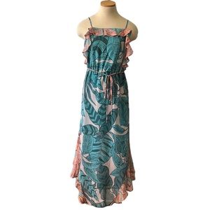 Anthropologie FARM Rio Ruffled Botanical Maxi Dress, Teal/Peach, XS